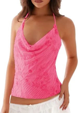 NUFIWI Women Sequin Beaded Top Sparkly Cowl Neck Cami Tank Rhinestone Embellished Y2k Tops Cross Tie Backless Camisole