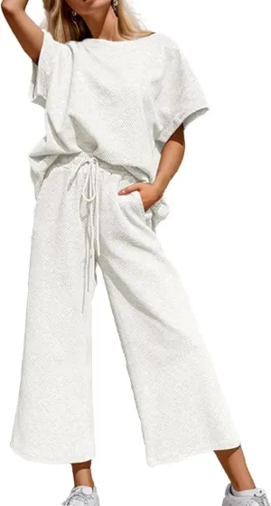 OPCAKM Women's 2 Piece Textured Sweatsuit Knit Short Sleeve Pullover Top Wide Leg Pant Tracksuit Set