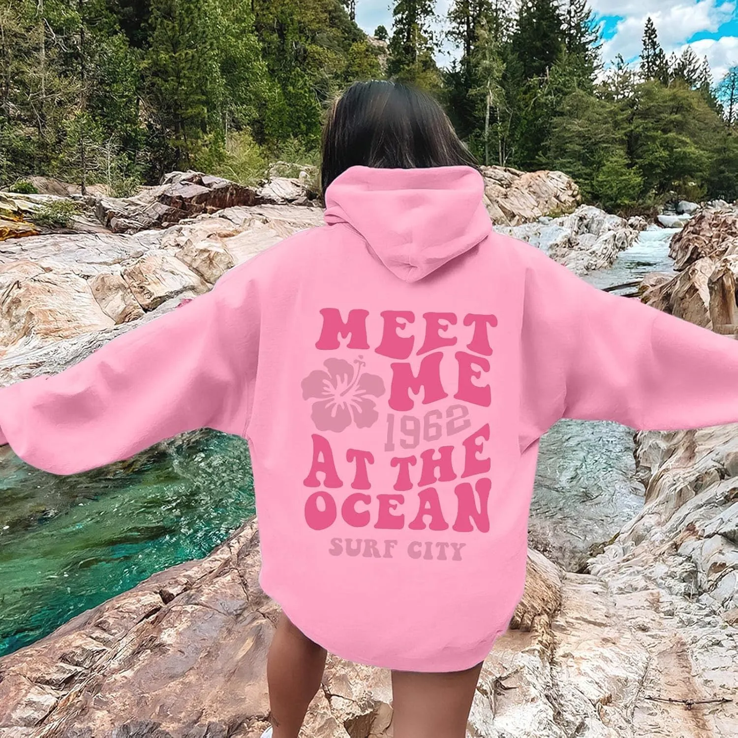 Oversized Hoodies For Women Long Sleeve Drawstring Letter Graphic Hoodies Palm Puff Fall Fashion Pullover Sweatshirt