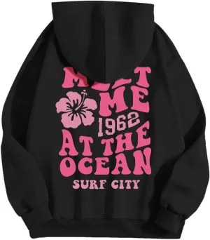 Oversized Hoodies For Women Long Sleeve Drawstring Letter Graphic Hoodies Palm Puff Fall Fashion Pullover Sweatshirt