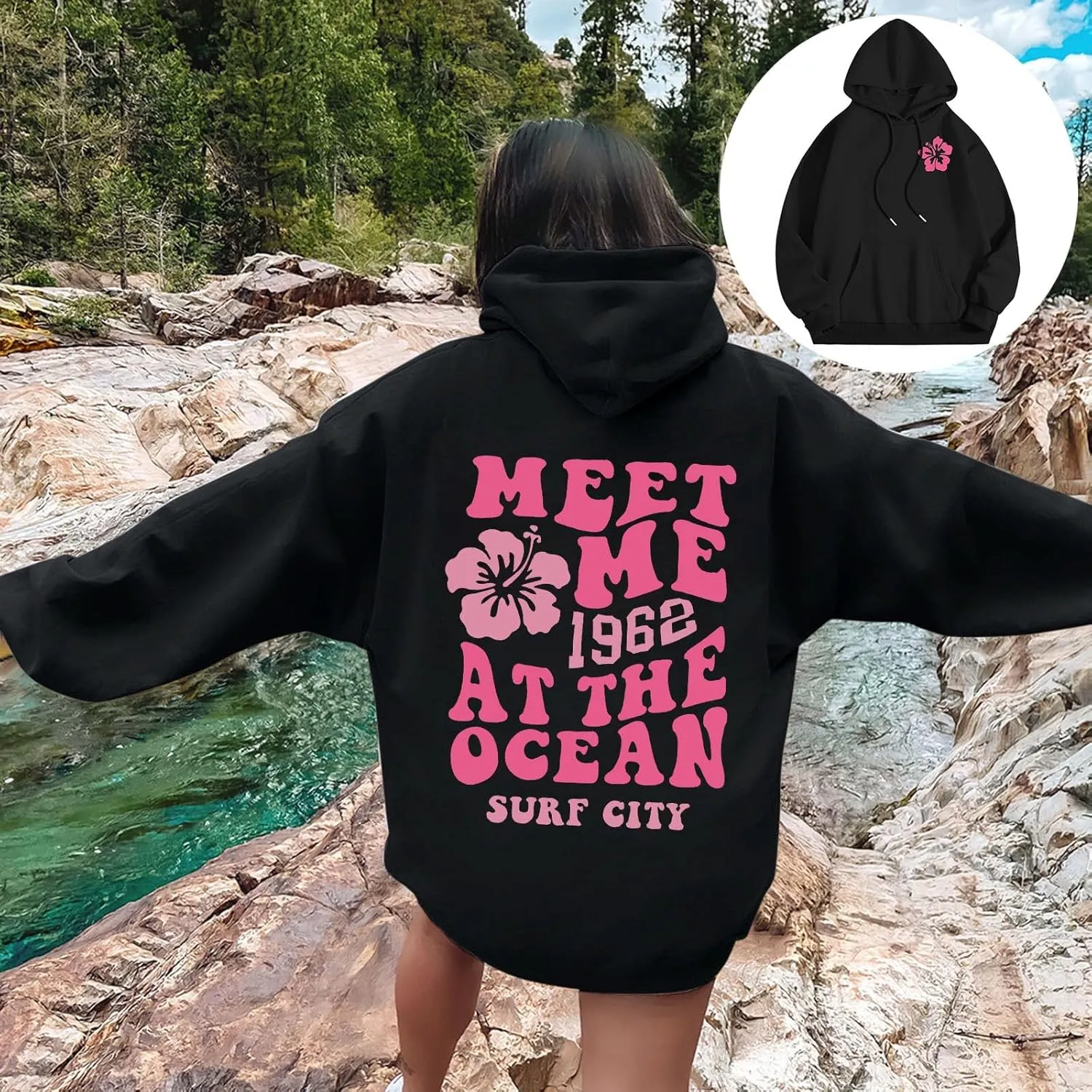 Oversized Hoodies For Women Long Sleeve Drawstring Letter Graphic Hoodies Palm Puff Fall Fashion Pullover Sweatshirt