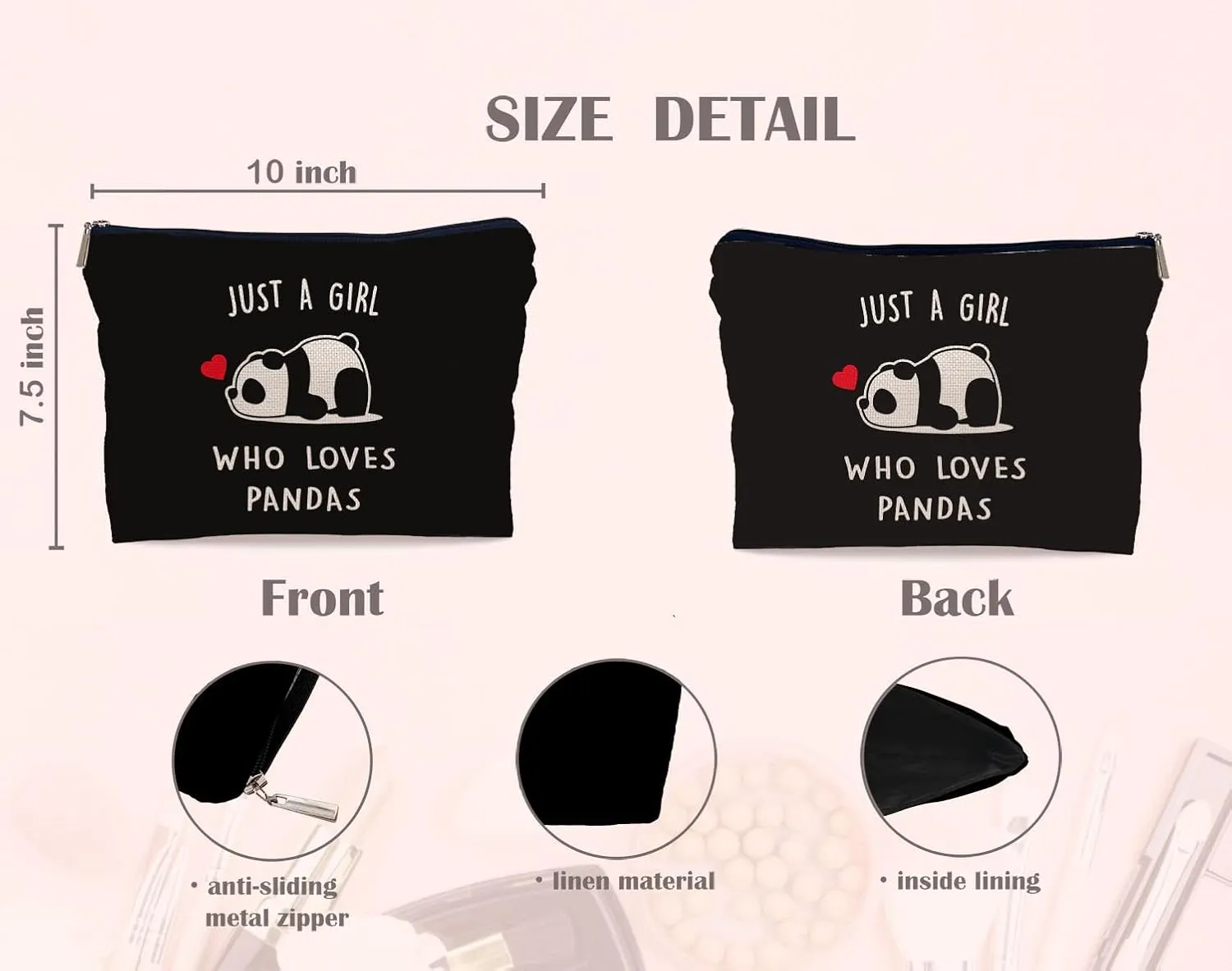 Panda Bear Cosmetic Makeup Bag, Cute Portable Travel Storage for Women, Adults, Female, 7.5 x 10 Inches, Panda-B, Cartoon Synthetic Fabric, 1 Count, Rectangular, Makeup Bag