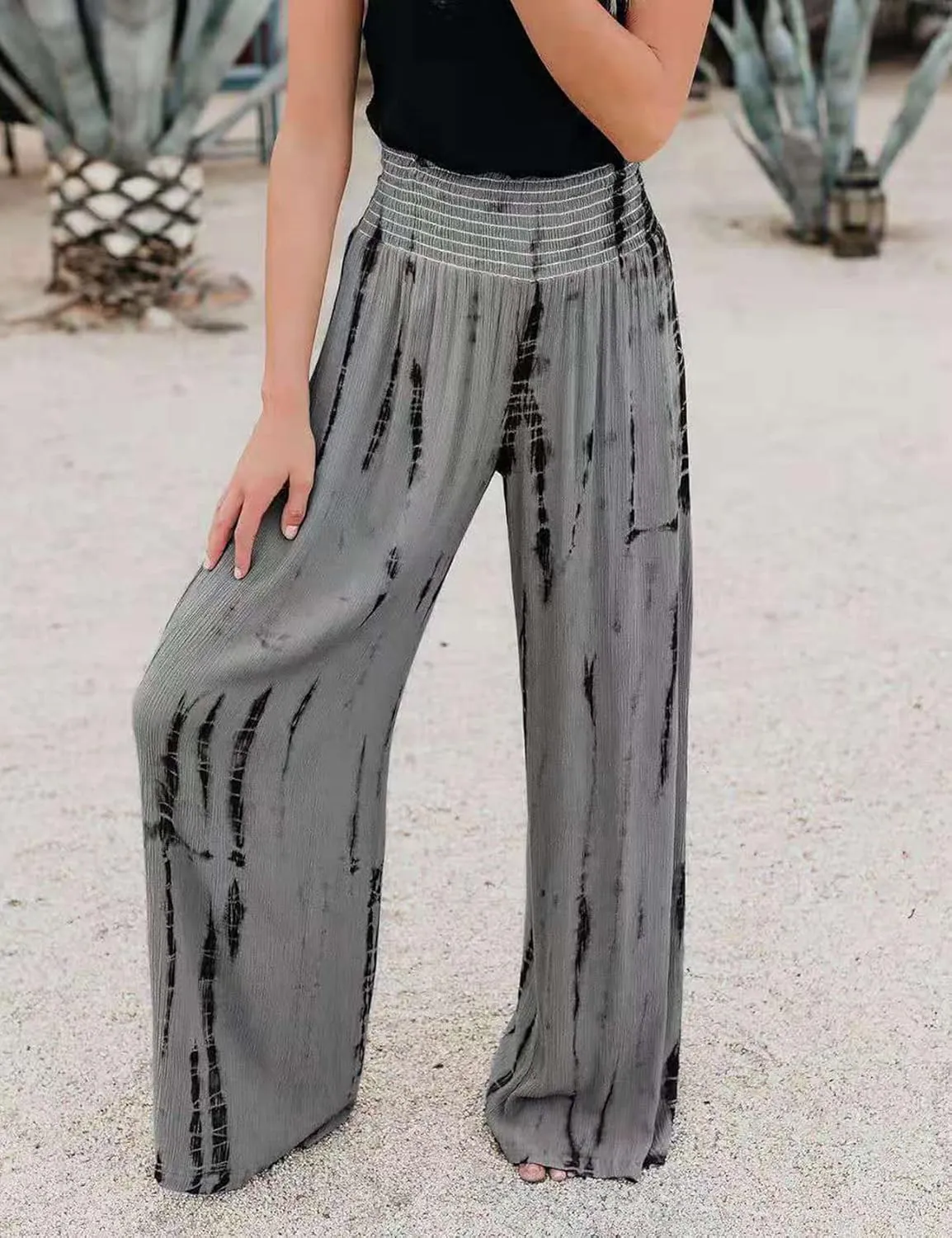 PEHMEA Women Wide Leg Pants Smocked High Waist Tie Dye Boho Casual Print Palazzo Lounge Pants