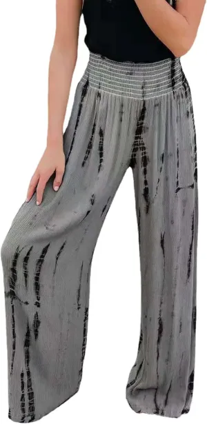 PEHMEA Women Wide Leg Pants Smocked High Waist Tie Dye Boho Casual Print Palazzo Lounge Pants