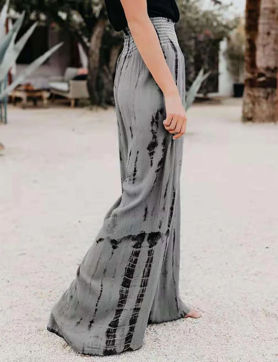 PEHMEA Women Wide Leg Pants Smocked High Waist Tie Dye Boho Casual Print Palazzo Lounge Pants