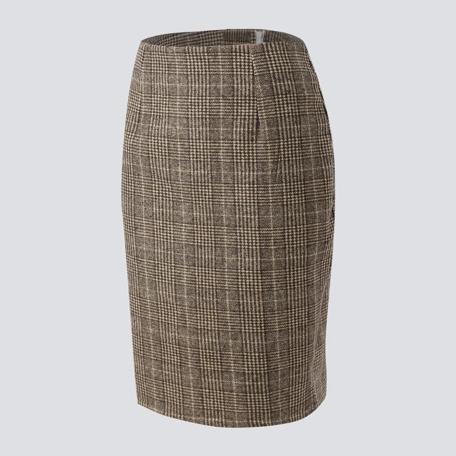Pencil Plaid Skirts for Women Girls Fall Winter Wool Bodycon Midi Skirt Knee Length High Wasited Tartan Skirts Casual Dressy