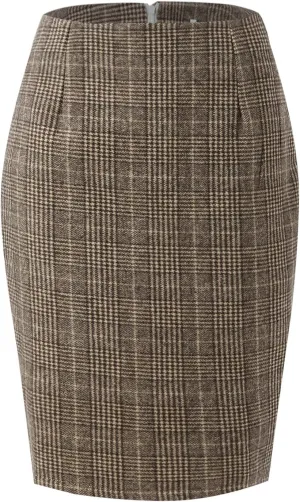 Pencil Plaid Skirts for Women Girls Fall Winter Wool Bodycon Midi Skirt Knee Length High Wasited Tartan Skirts Casual Dressy