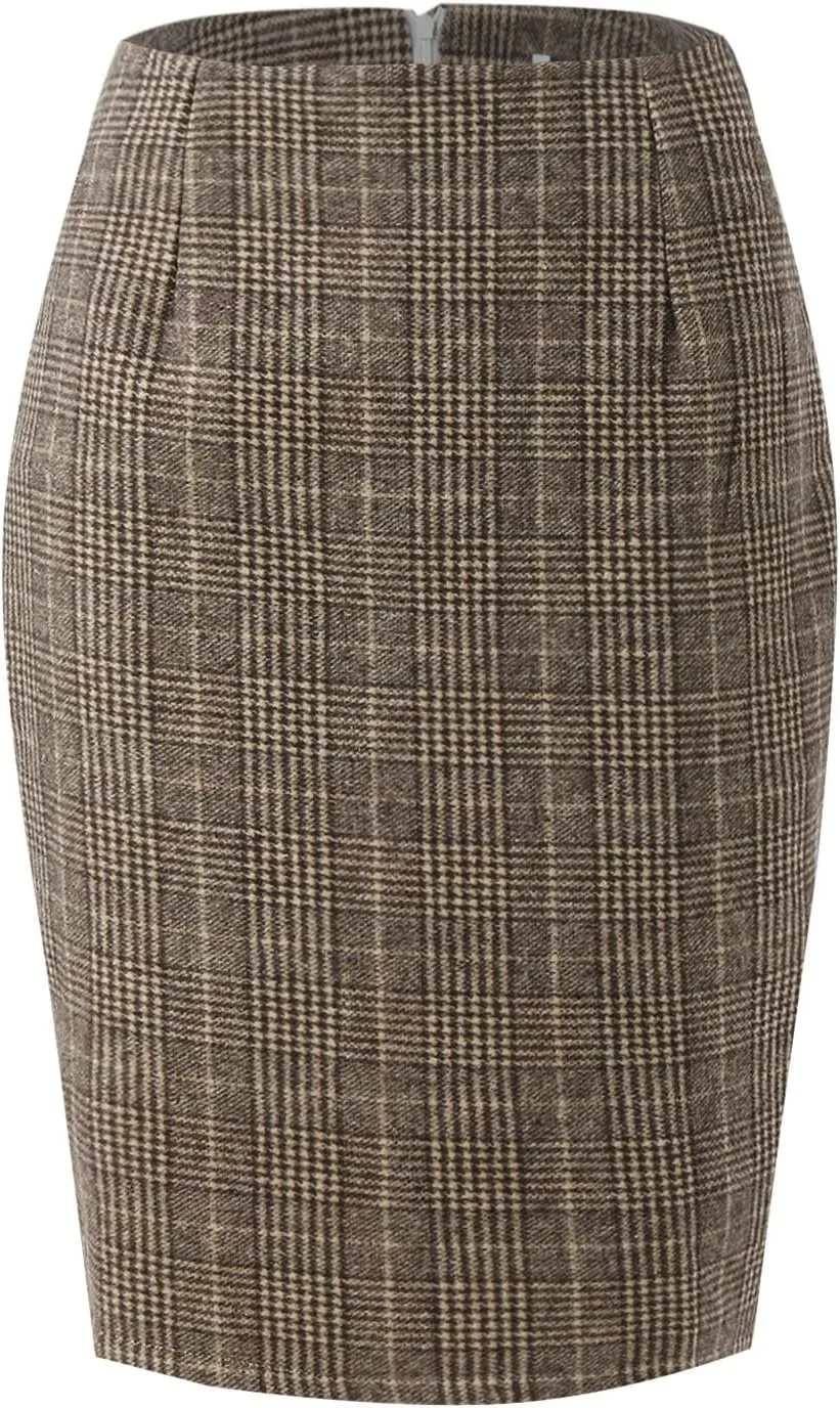 Pencil Plaid Skirts for Women Girls Fall Winter Wool Bodycon Midi Skirt Knee Length High Wasited Tartan Skirts Casual Dressy
