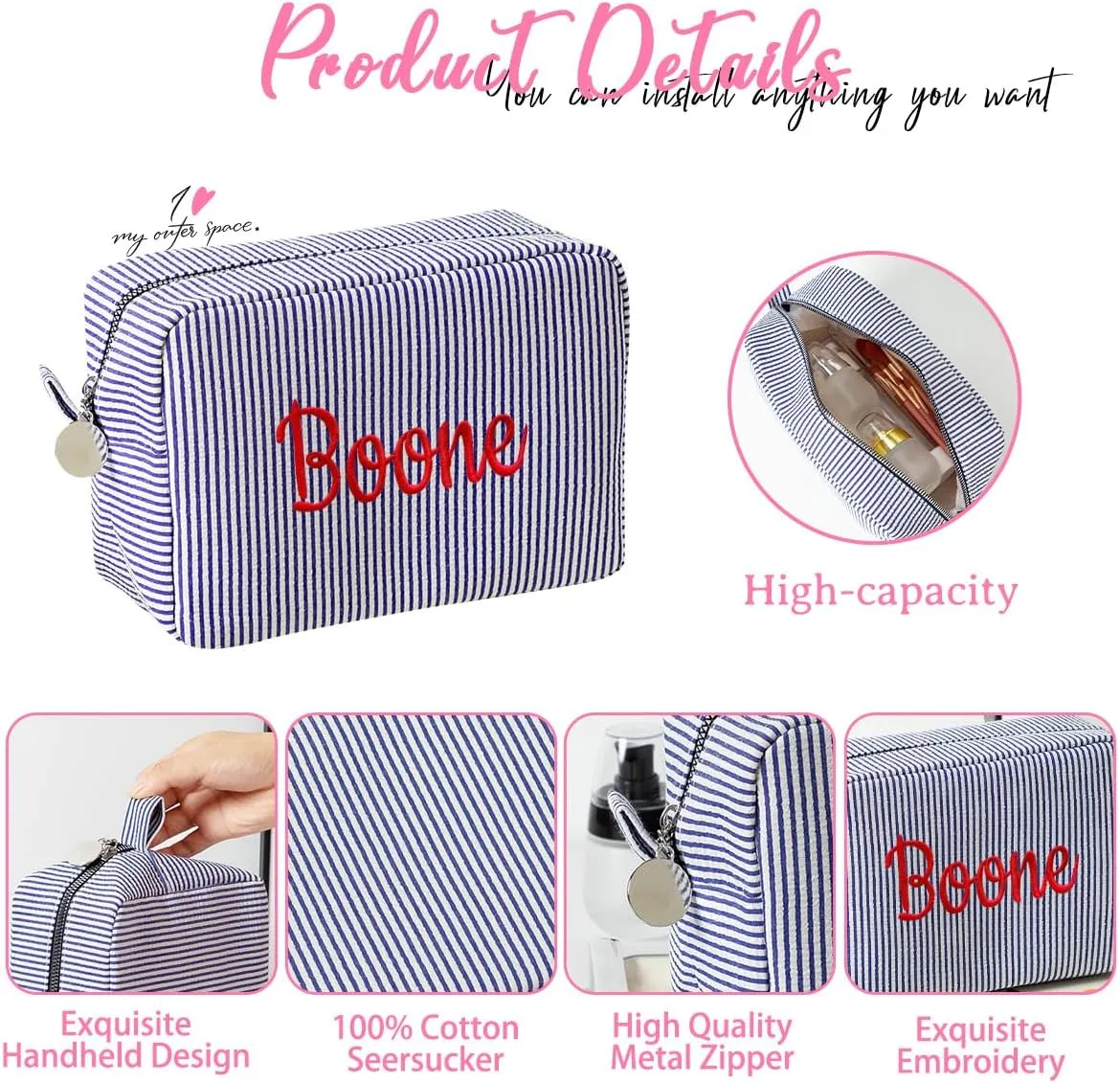 Personalized Custom Embroidered Name Green Makeup Bags, Travel Toiletry bag, Seersucker Cosmetic Bag for Women Gifts