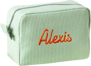 Personalized Custom Embroidered Name Green Makeup Bags, Travel Toiletry bag, Seersucker Cosmetic Bag for Women Gifts