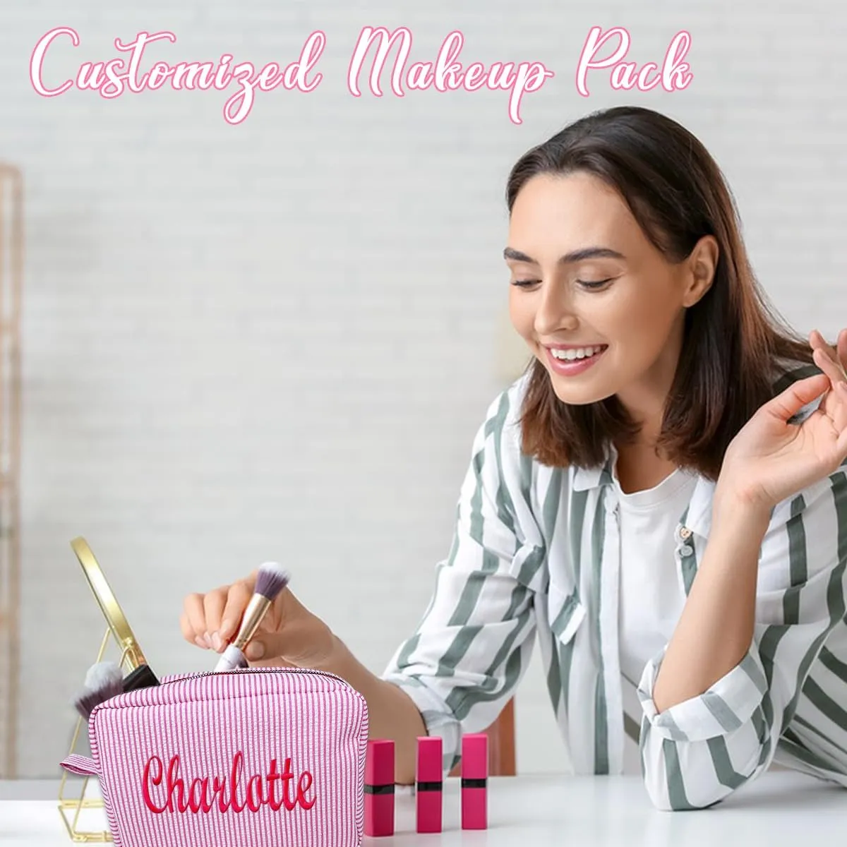 Personalized Custom Embroidered Name Green Makeup Bags, Travel Toiletry bag, Seersucker Cosmetic Bag for Women Gifts