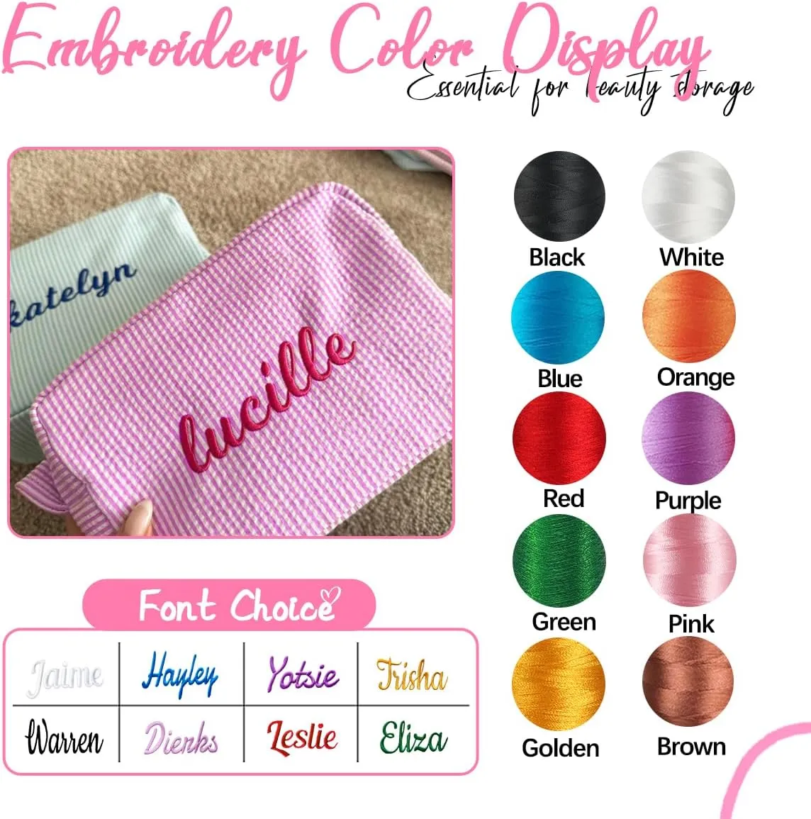 Personalized Custom Embroidered Name Green Makeup Bags, Travel Toiletry bag, Seersucker Cosmetic Bag for Women Gifts