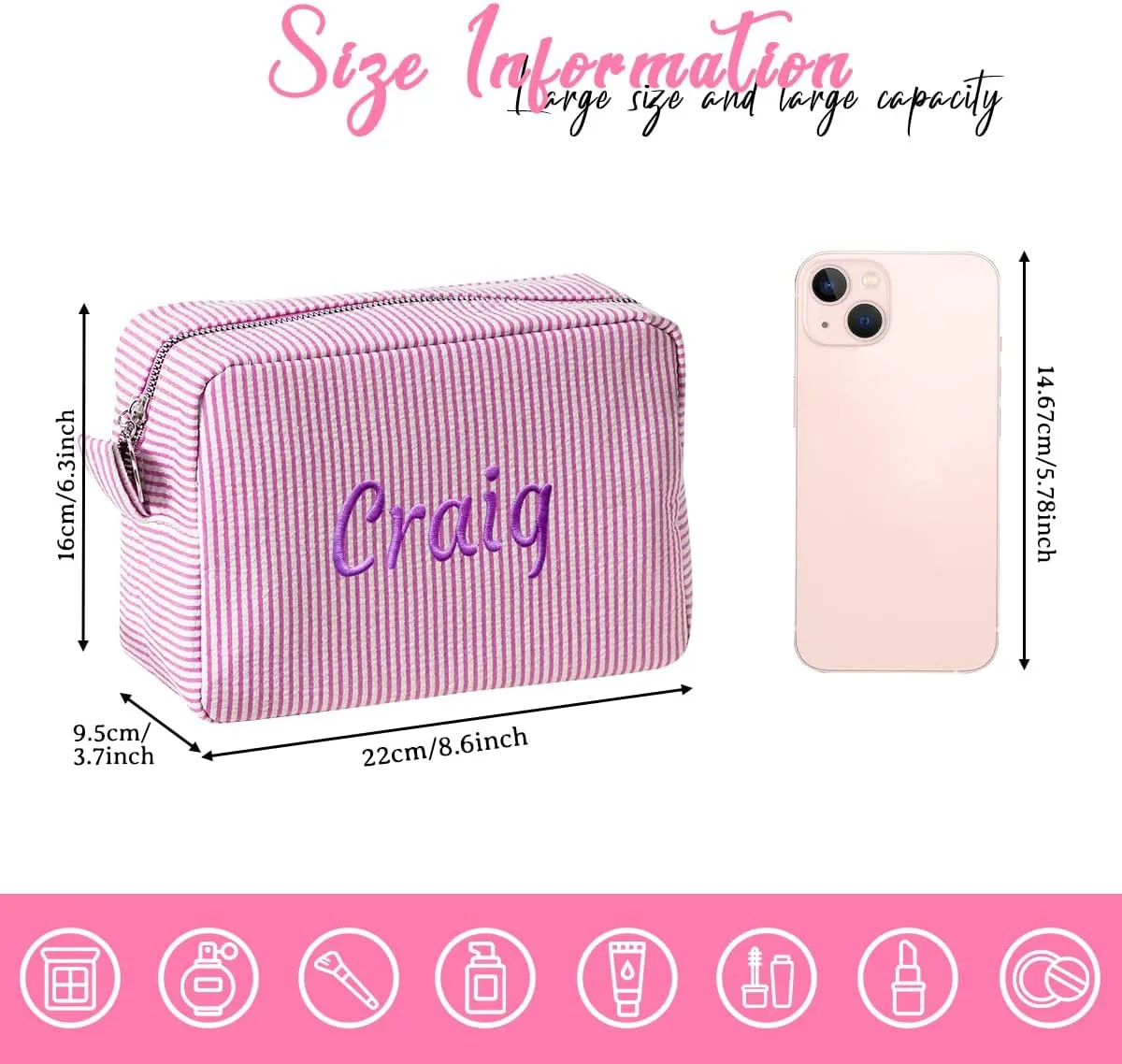 Personalized Custom Embroidered Name Green Makeup Bags, Travel Toiletry bag, Seersucker Cosmetic Bag for Women Gifts
