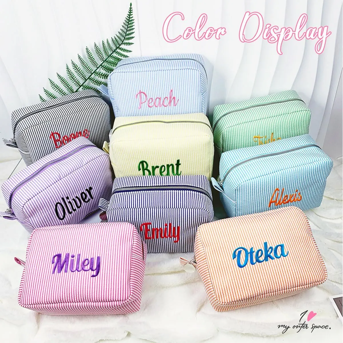 Personalized Custom Embroidered Name Green Makeup Bags, Travel Toiletry bag, Seersucker Cosmetic Bag for Women Gifts