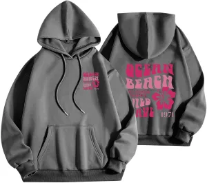 Pink Palm Puff Hoodie for Women Graphic Letter Print Hoodies Oversize Lightweight Pullover Y2k Drawstring Sweatshirt
