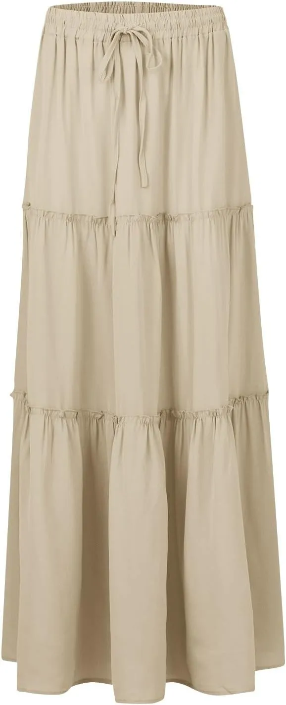 Pleated Long Skirts for Women Summer Casual Elastic High Waisted Skirts A-Line Flowy Swing Maxi Skirt with Pockets