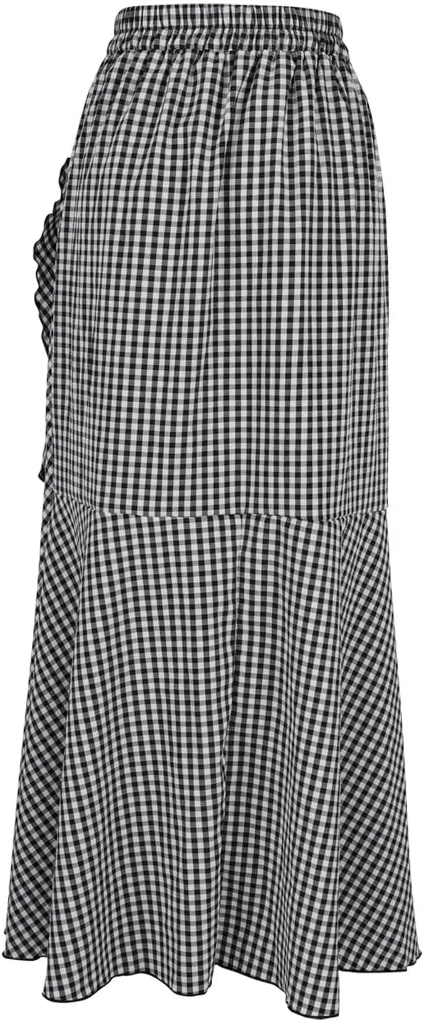Plus Size Skirts for Women Ruffle Mermaid Skirt Flowy Long Plaid Skirts High Waisted Maxi Skirt Lace Up A Line Skirts