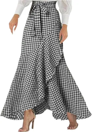 Plus Size Skirts for Women Ruffle Mermaid Skirt Flowy Long Plaid Skirts High Waisted Maxi Skirt Lace Up A Line Skirts