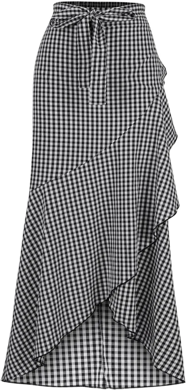 Plus Size Skirts for Women Ruffle Mermaid Skirt Flowy Long Plaid Skirts High Waisted Maxi Skirt Lace Up A Line Skirts
