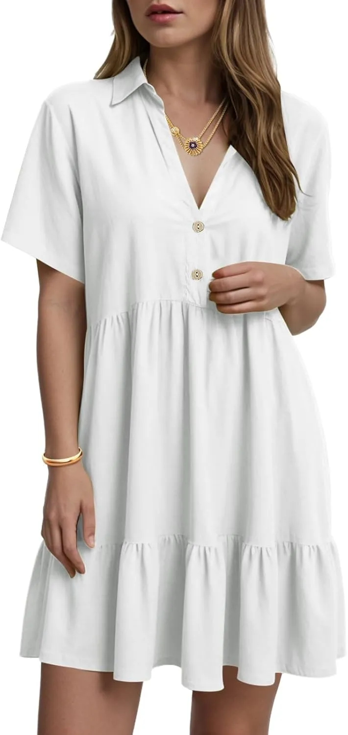 Plus Size Summer Dress - Casual Sundress Beach Short Sleeve V Neck Tiered Button Up Boho Midi Flowy Sun Dresses Women