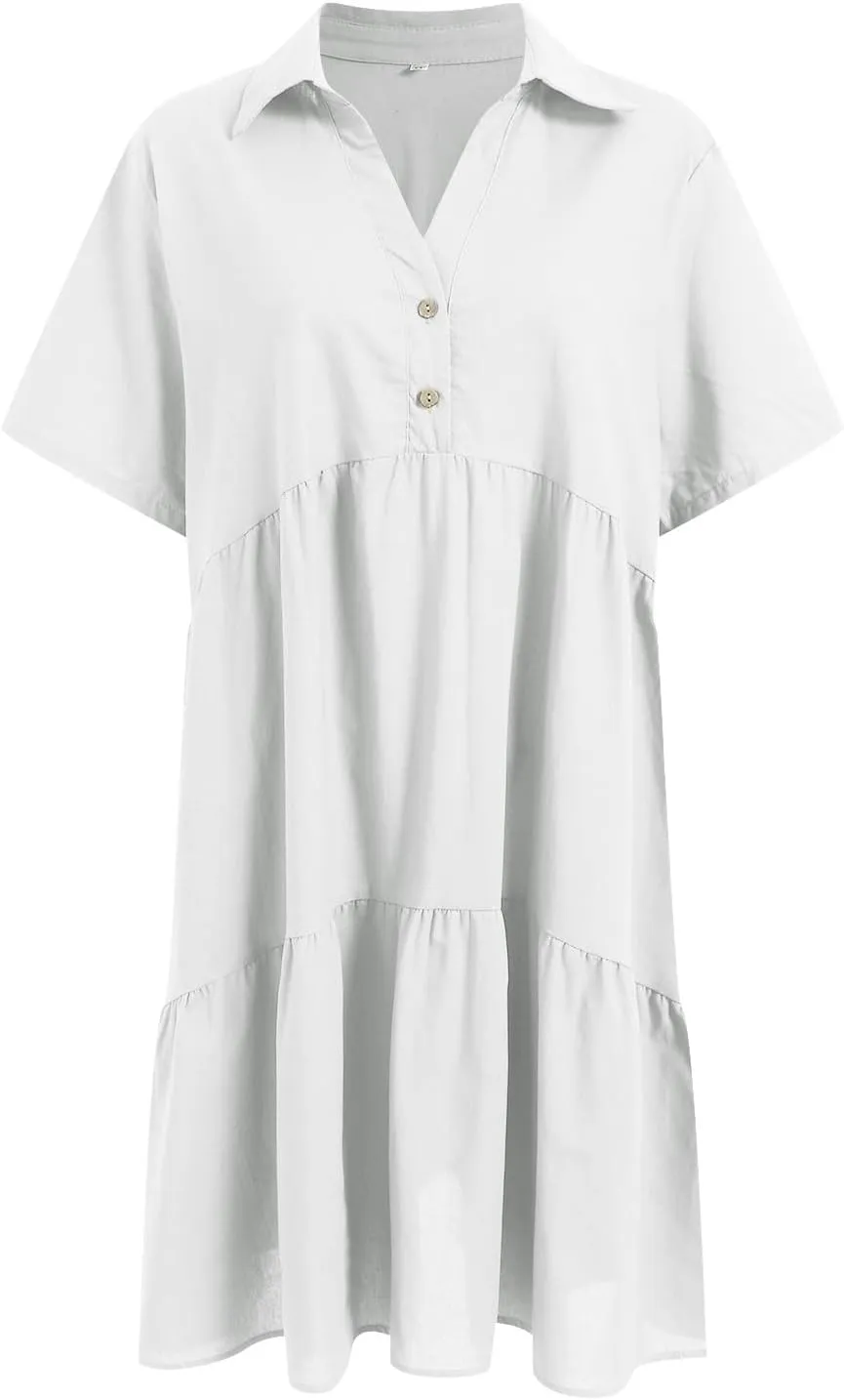 Plus Size Summer Dress - Casual Sundress Beach Short Sleeve V Neck Tiered Button Up Boho Midi Flowy Sun Dresses Women