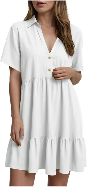 Plus Size Summer Dress - Casual Sundress Beach Short Sleeve V Neck Tiered Button Up Boho Midi Flowy Sun Dresses Women