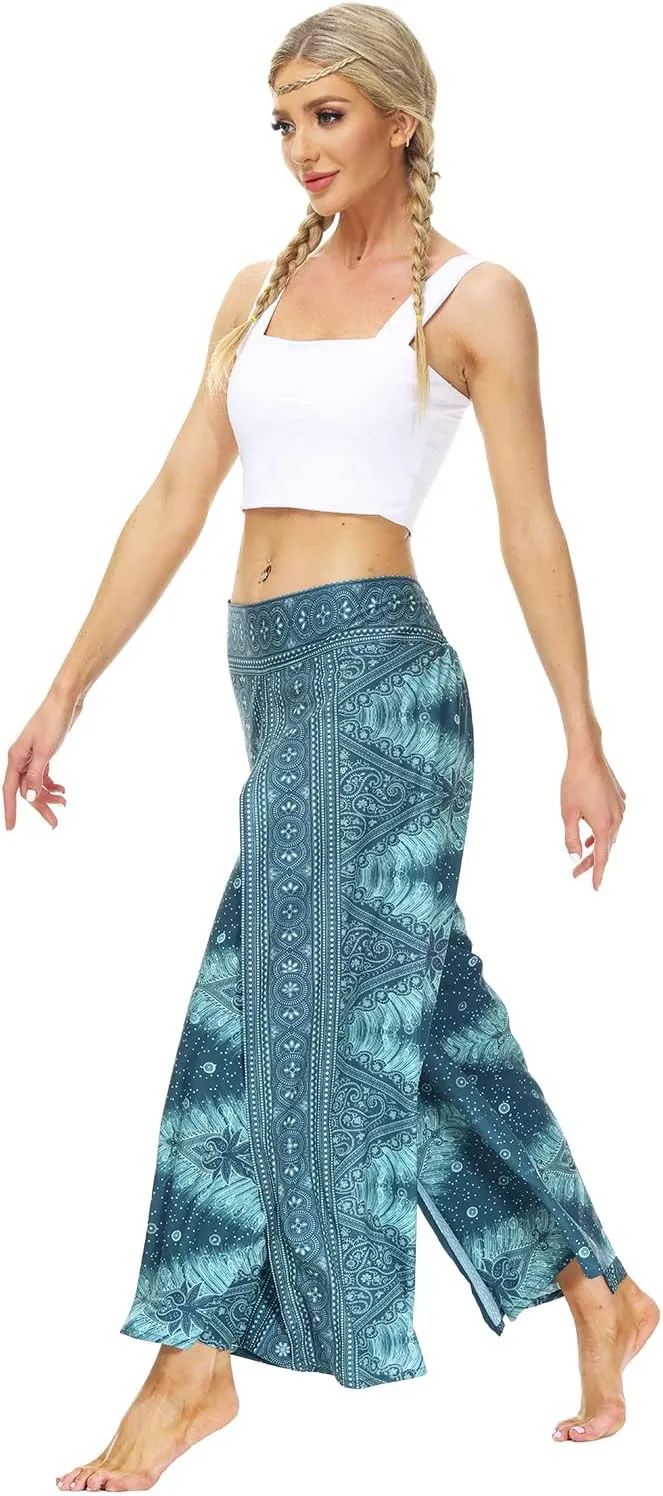 Plustrong Womens Slit Wide Leg Pants Casual Hippie Beach Boho Pilate Flowy Palazzo Yoga Pants