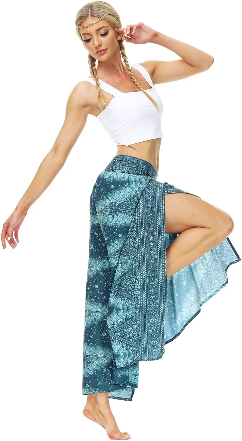 Plustrong Womens Slit Wide Leg Pants Casual Hippie Beach Boho Pilate Flowy Palazzo Yoga Pants