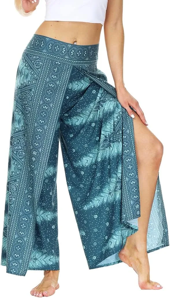 Plustrong Womens Slit Wide Leg Pants Casual Hippie Beach Boho Pilate Flowy Palazzo Yoga Pants