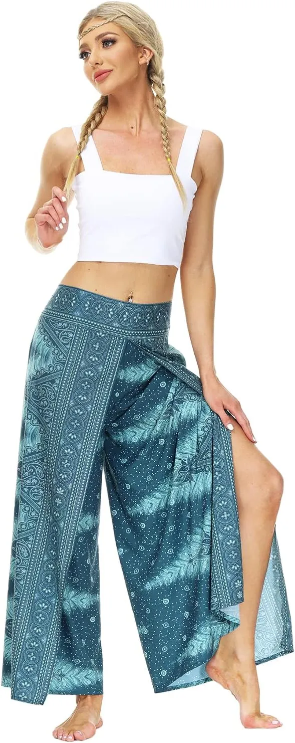 Plustrong Womens Slit Wide Leg Pants Casual Hippie Beach Boho Pilate Flowy Palazzo Yoga Pants