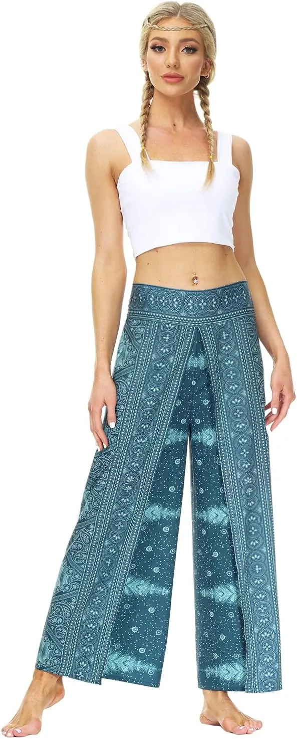 Plustrong Womens Slit Wide Leg Pants Casual Hippie Beach Boho Pilate Flowy Palazzo Yoga Pants