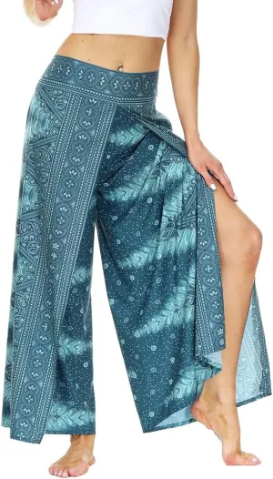 Plustrong Womens Slit Wide Leg Pants Casual Hippie Beach Boho Pilate Flowy Palazzo Yoga Pants