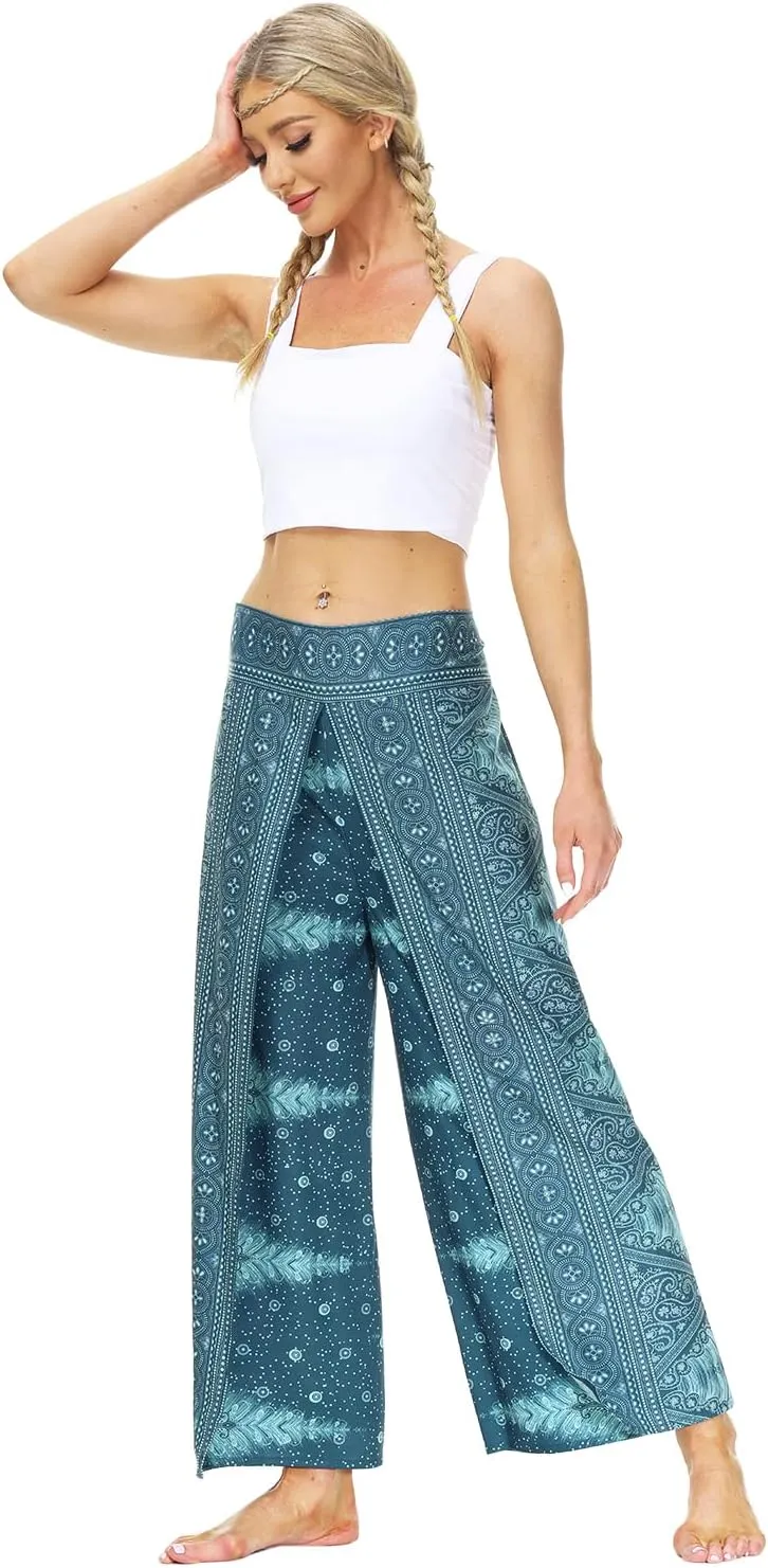 Plustrong Womens Slit Wide Leg Pants Casual Hippie Beach Boho Pilate Flowy Palazzo Yoga Pants