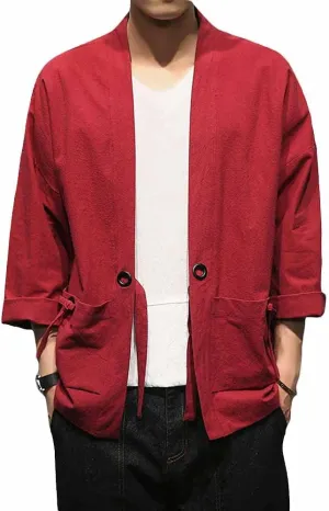 PRIJOUHE Men's Kimono Jackets Cardigan Casual Cotton Blends Linen Seven Sleeve Open Front Embroidery Coat