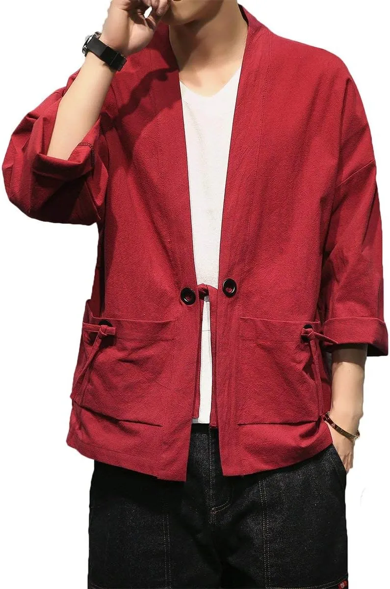 PRIJOUHE Men's Kimono Jackets Cardigan Casual Cotton Blends Linen Seven Sleeve Open Front Embroidery Coat