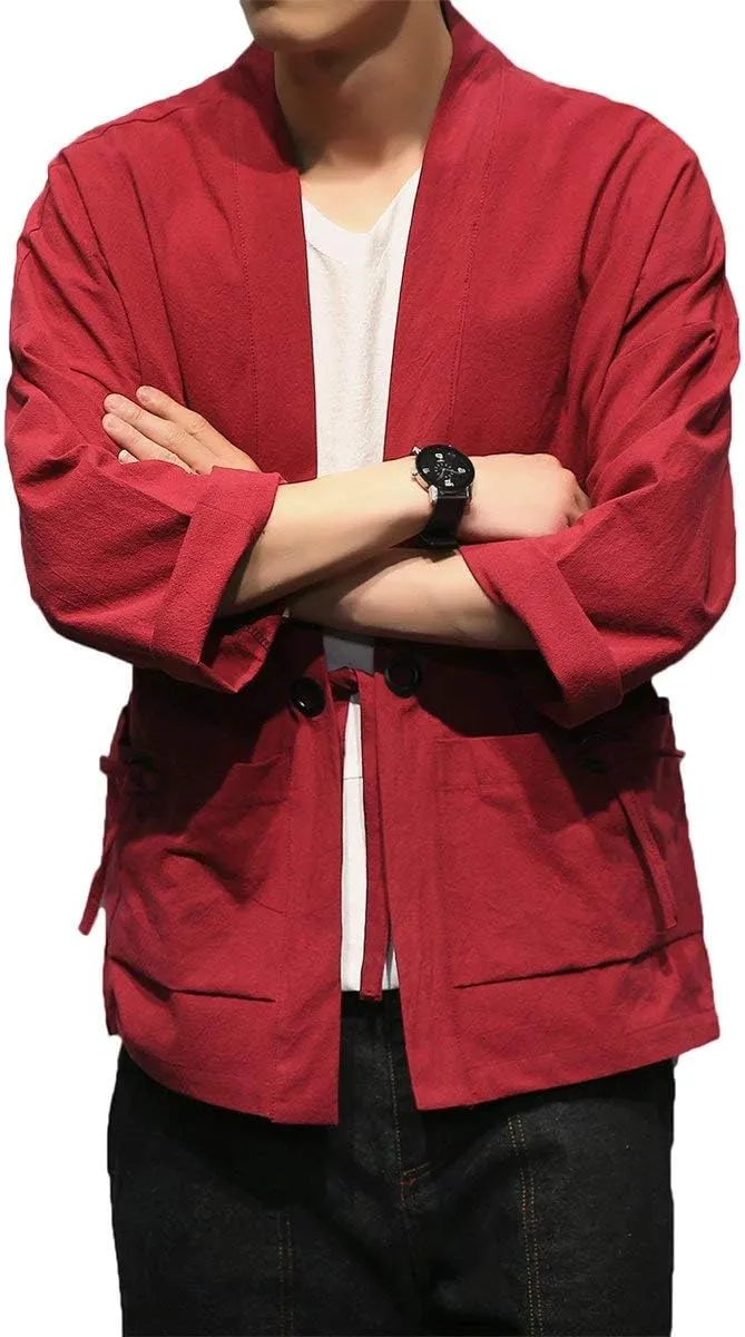 PRIJOUHE Men's Kimono Jackets Cardigan Casual Cotton Blends Linen Seven Sleeve Open Front Embroidery Coat