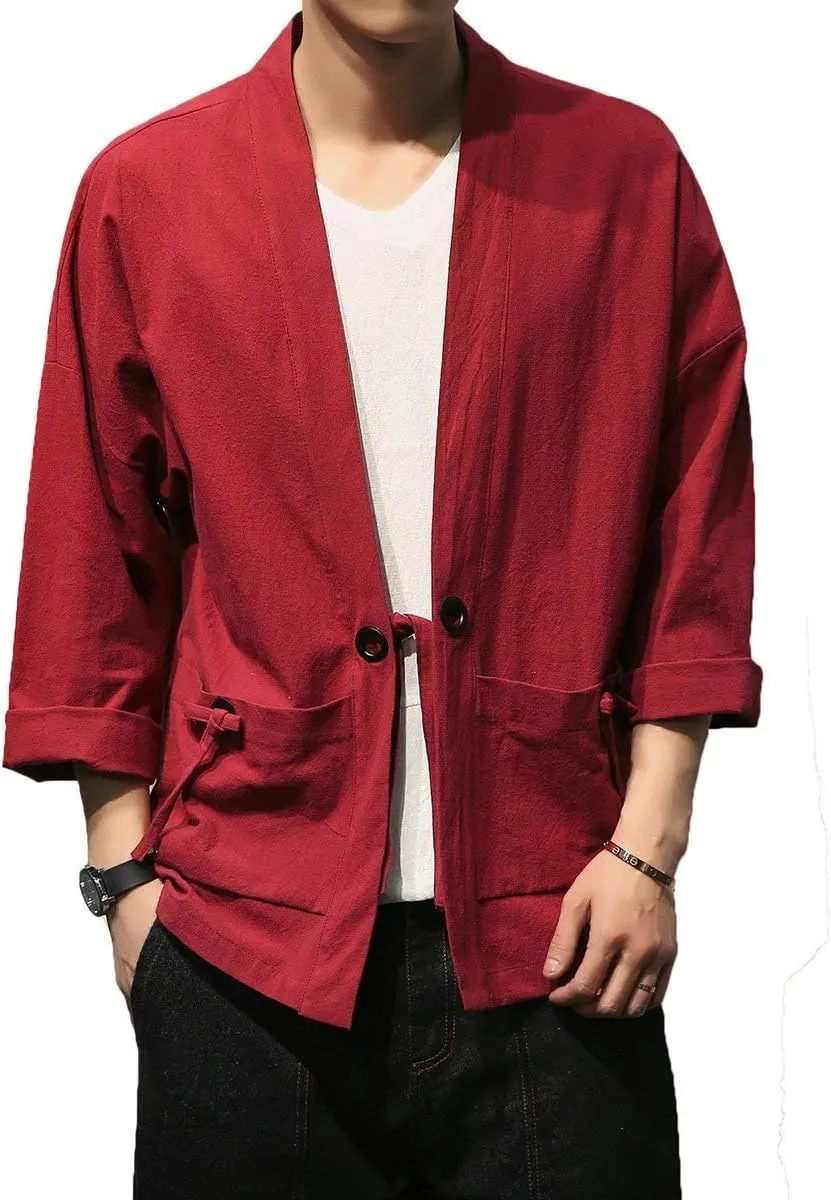 PRIJOUHE Men's Kimono Jackets Cardigan Casual Cotton Blends Linen Seven Sleeve Open Front Embroidery Coat
