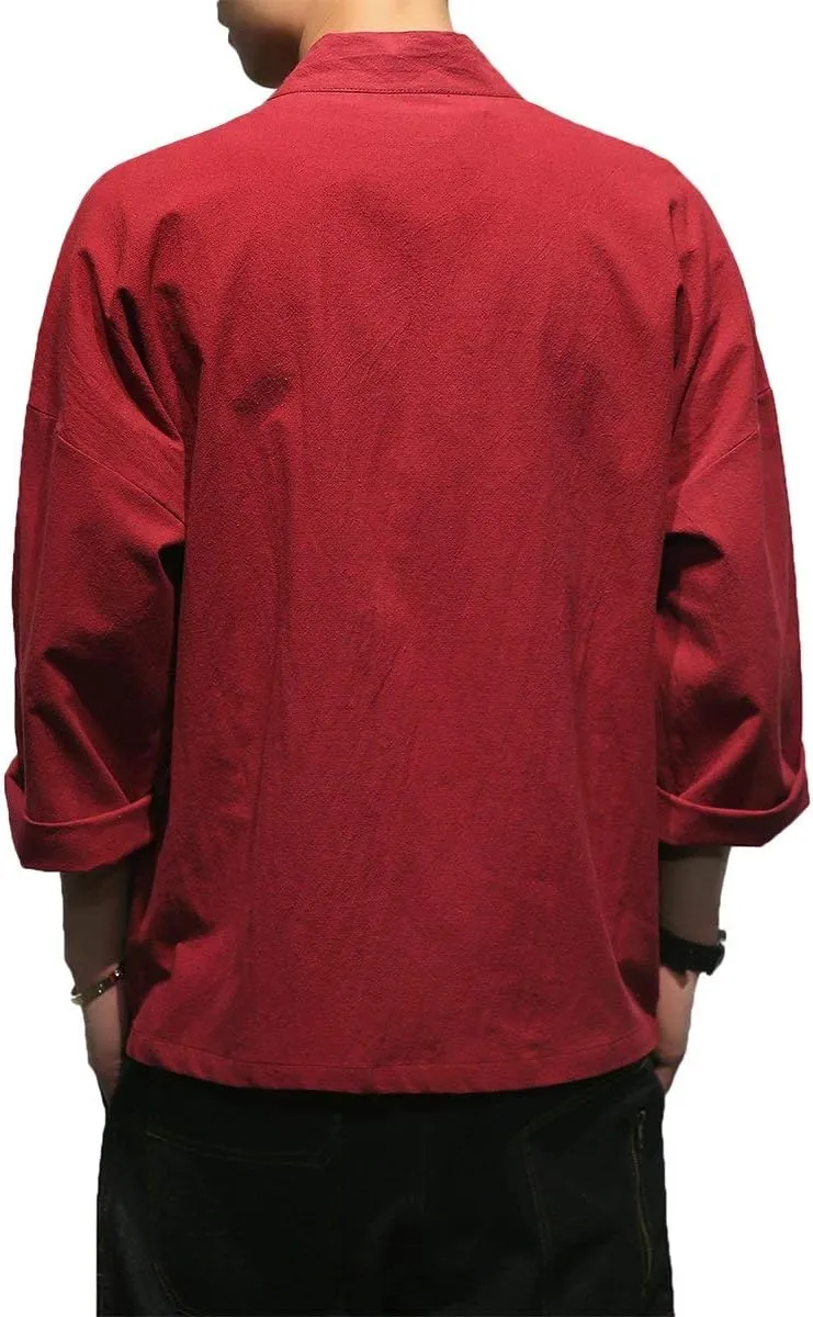 PRIJOUHE Men's Kimono Jackets Cardigan Casual Cotton Blends Linen Seven Sleeve Open Front Embroidery Coat