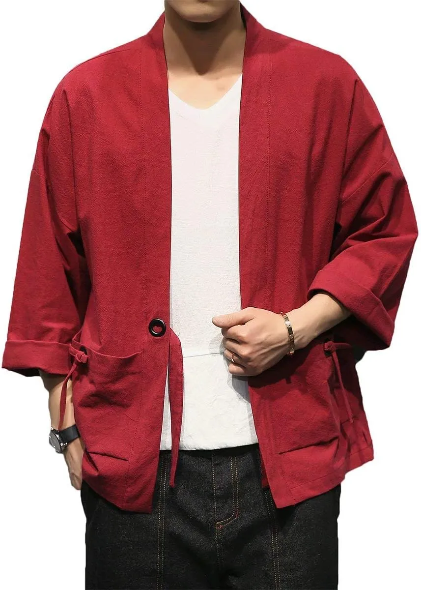 PRIJOUHE Men's Kimono Jackets Cardigan Casual Cotton Blends Linen Seven Sleeve Open Front Embroidery Coat