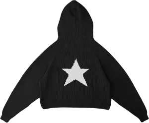 Pullover Knit Sweater Grunge Graphic Star Hooded Sweatshirts Women Y2k Oversized Streetwear Hoodies
