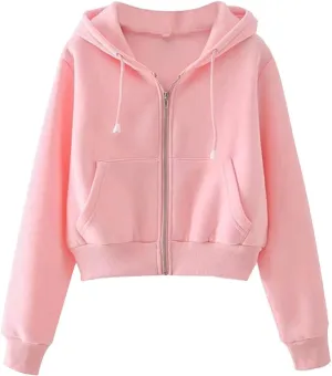 PUWEI Women's Casual Zip Up Drawstring Cropped Hoodie Hooded Crop Jacket Top with Pockets