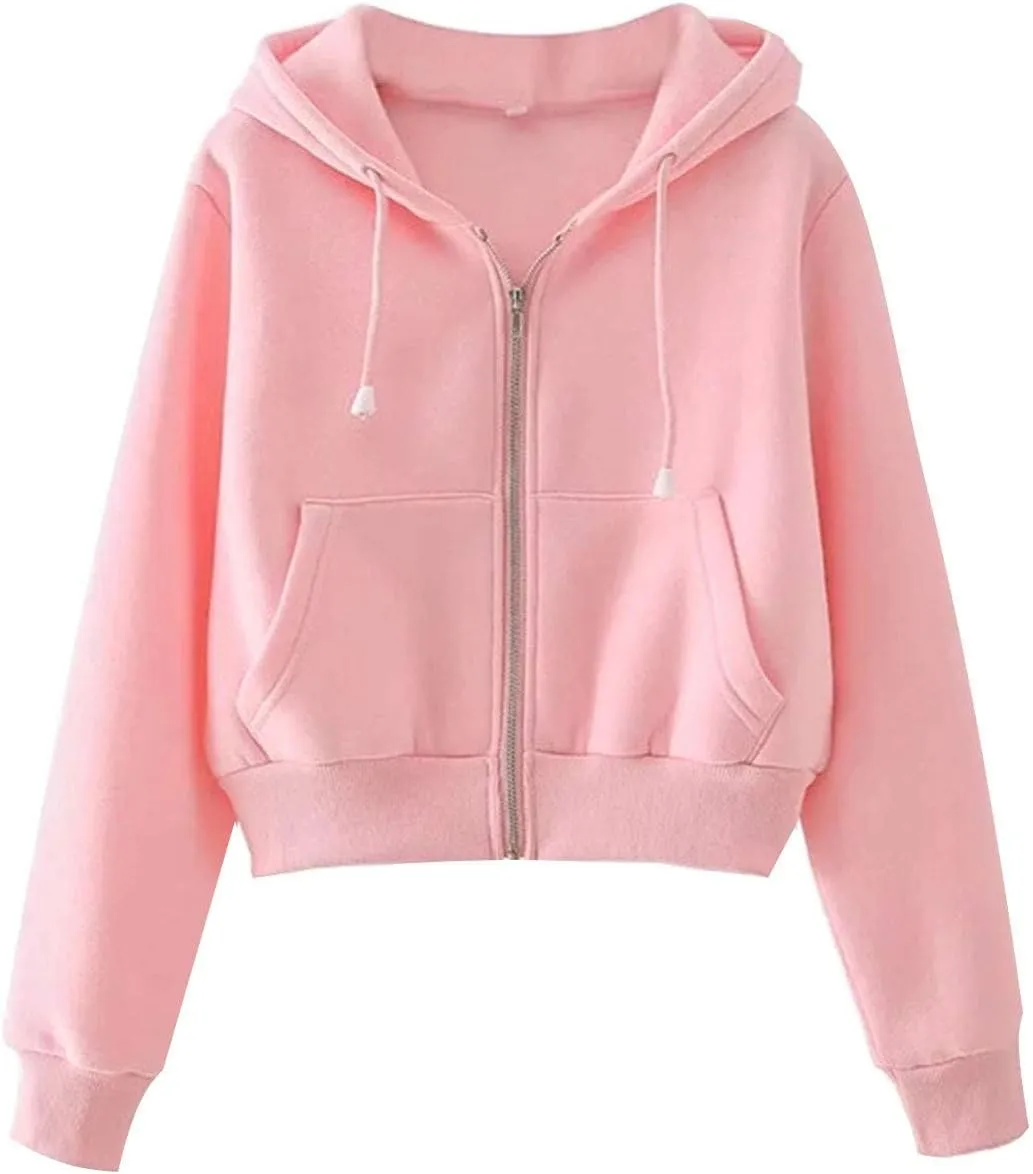 PUWEI Women's Casual Zip Up Drawstring Cropped Hoodie Hooded Crop Jacket Top with Pockets