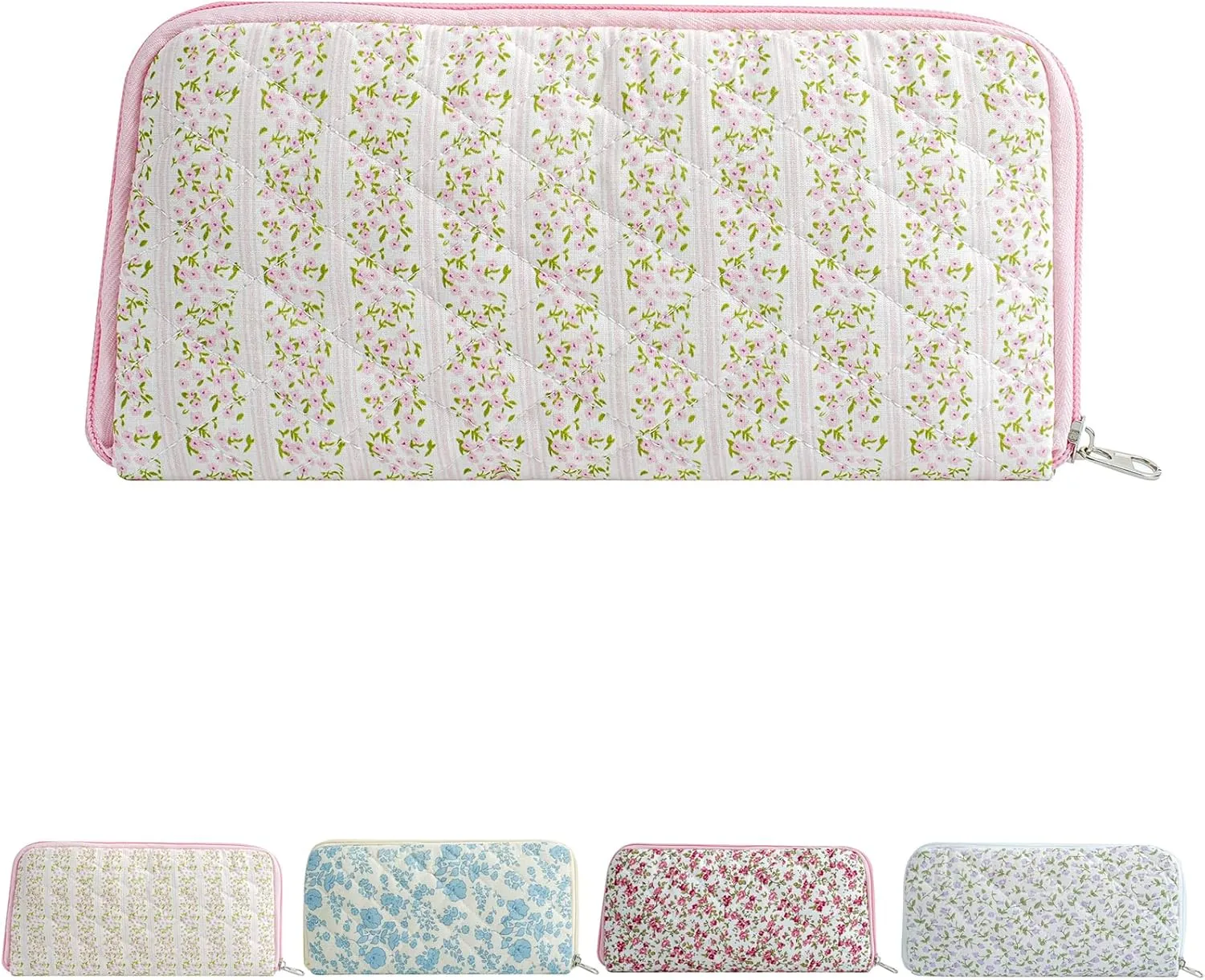 Quilted Makeup Brush Bag Travel Cosmetic Bag for Women, Floral Coquette Cotton Makeup Brush Case Toiletry Zipper Make Up Pouch, Travel Storage Organizer Pouch (Pink Floral)
