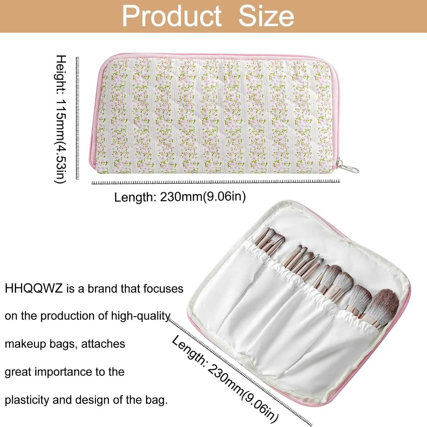 Quilted Makeup Brush Bag Travel Cosmetic Bag for Women, Floral Coquette Cotton Makeup Brush Case Toiletry Zipper Make Up Pouch, Travel Storage Organizer Pouch (Pink Floral)
