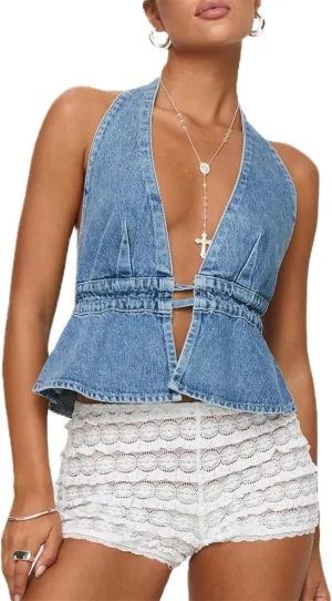 Raruxxin Women Vintage Denim Vest Button Down TieUp Sleeveless Slim Jean Crop Tank Top Y2k Summer Going Out Corset Streetwear