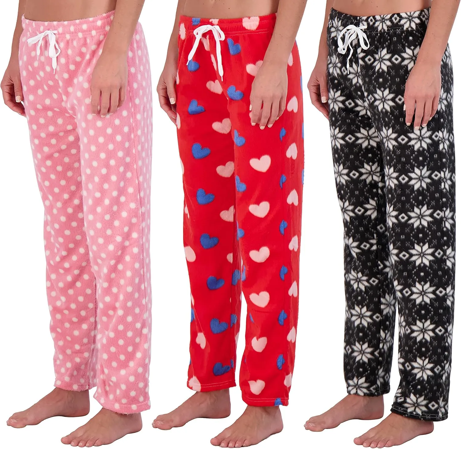Real Essentials 3 Pack: Womens Fleece Ultra-Soft Comfy Pajama Lounge Pants Sleepwear (Available in Plus Size)
