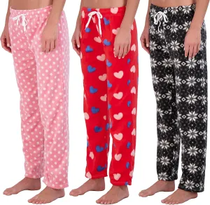 Real Essentials 3 Pack: Womens Fleece Ultra-Soft Comfy Pajama Lounge Pants Sleepwear (Available in Plus Size)