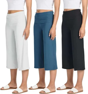 Real Essentials 3 Pack: Women's Ribbed Foldover Wide Leg Loose Capri Open Bottom Yoga Lounge Pants (Available in Plus)