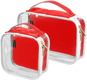 Red Clear Makeup Bags TSA Approved Toiletry Bag for Women Men Cosmetic Bags with Handle Carry On Airport Airline Compliant Bag Quart Size PVC Travel Bags for Toiletries Liquids, 2 Pack