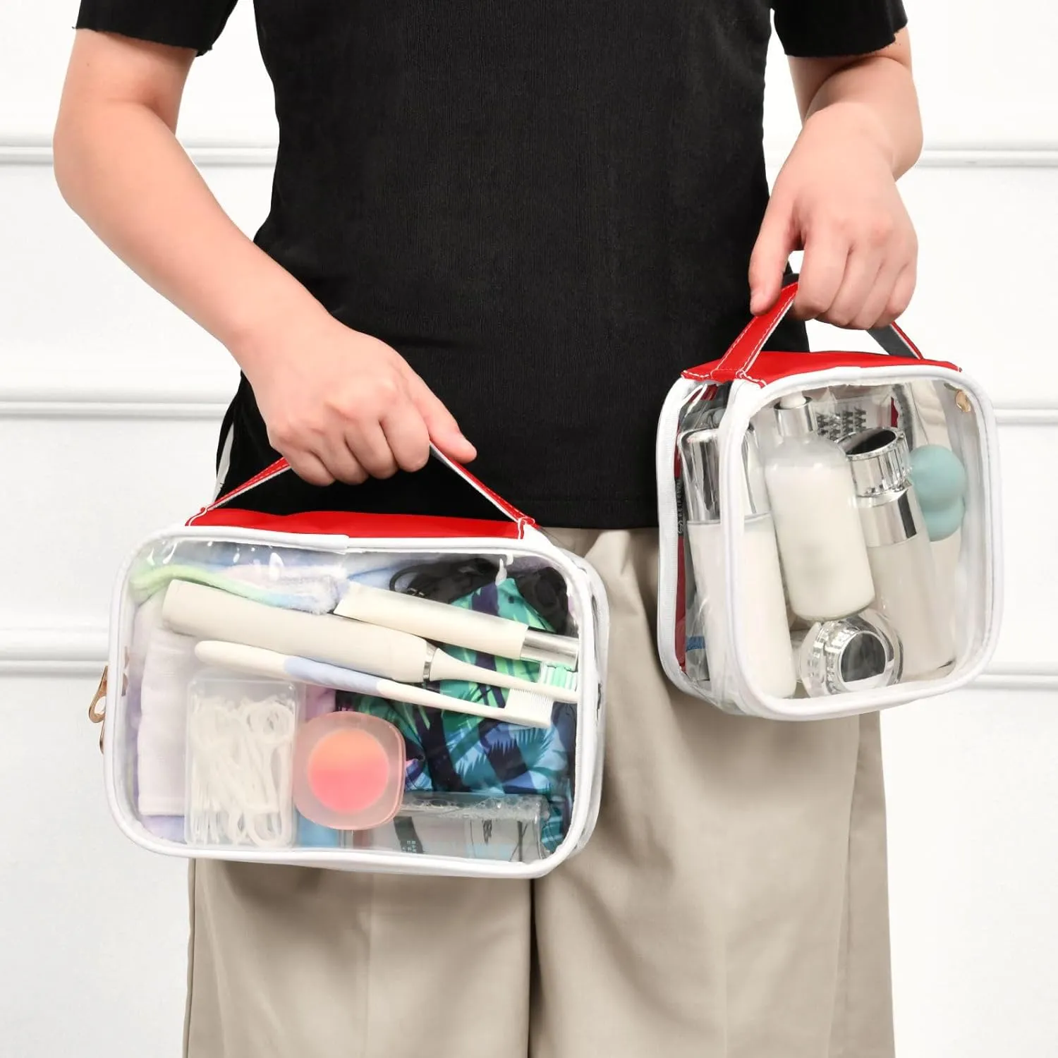 Red Clear Makeup Bags TSA Approved Toiletry Bag for Women Men Cosmetic Bags with Handle Carry On Airport Airline Compliant Bag Quart Size PVC Travel Bags for Toiletries Liquids, 2 Pack